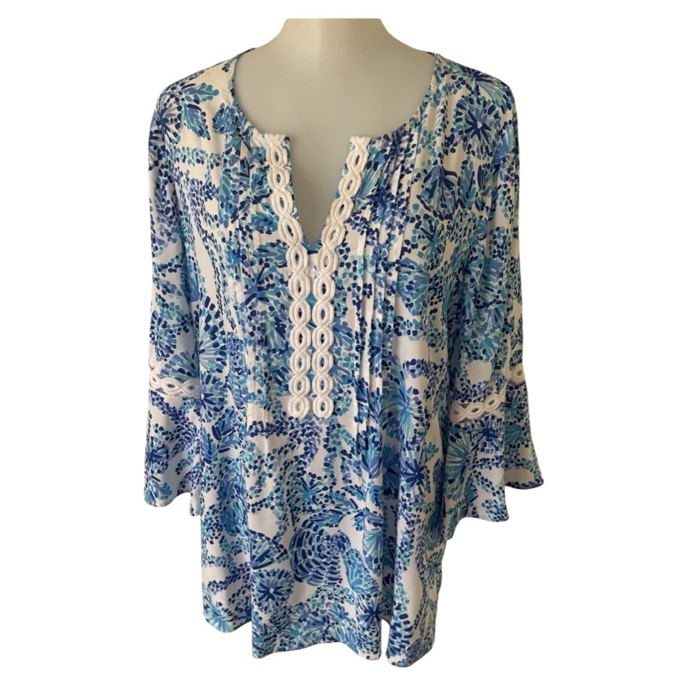 Lilly Pulitzer Hollie Tunic Blouse Womens Medium Blue - Picture 2 of 11